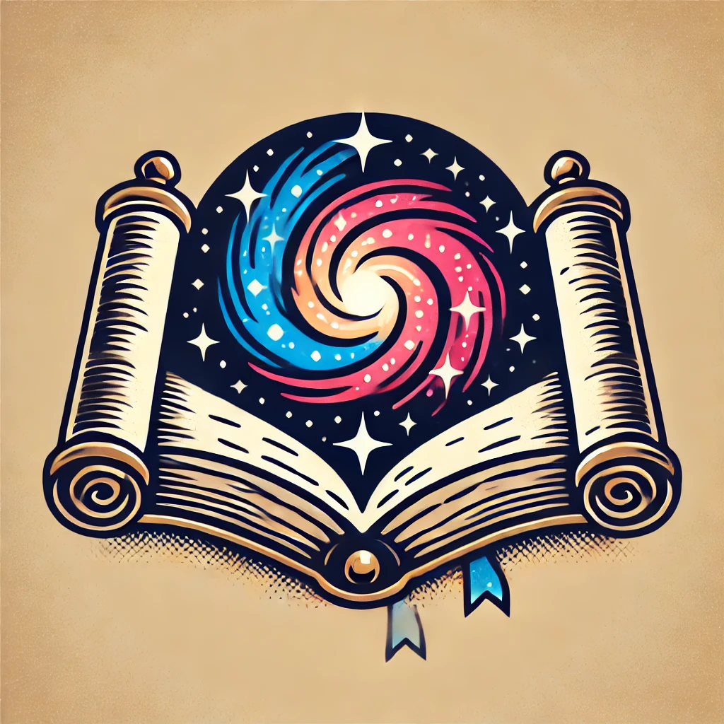 Circular icon representing 'The Science of Energy', featuring an opened scroll or book with a swirling, cosmic pattern emerging from it, symbolizing knowledge of the universe's processes.