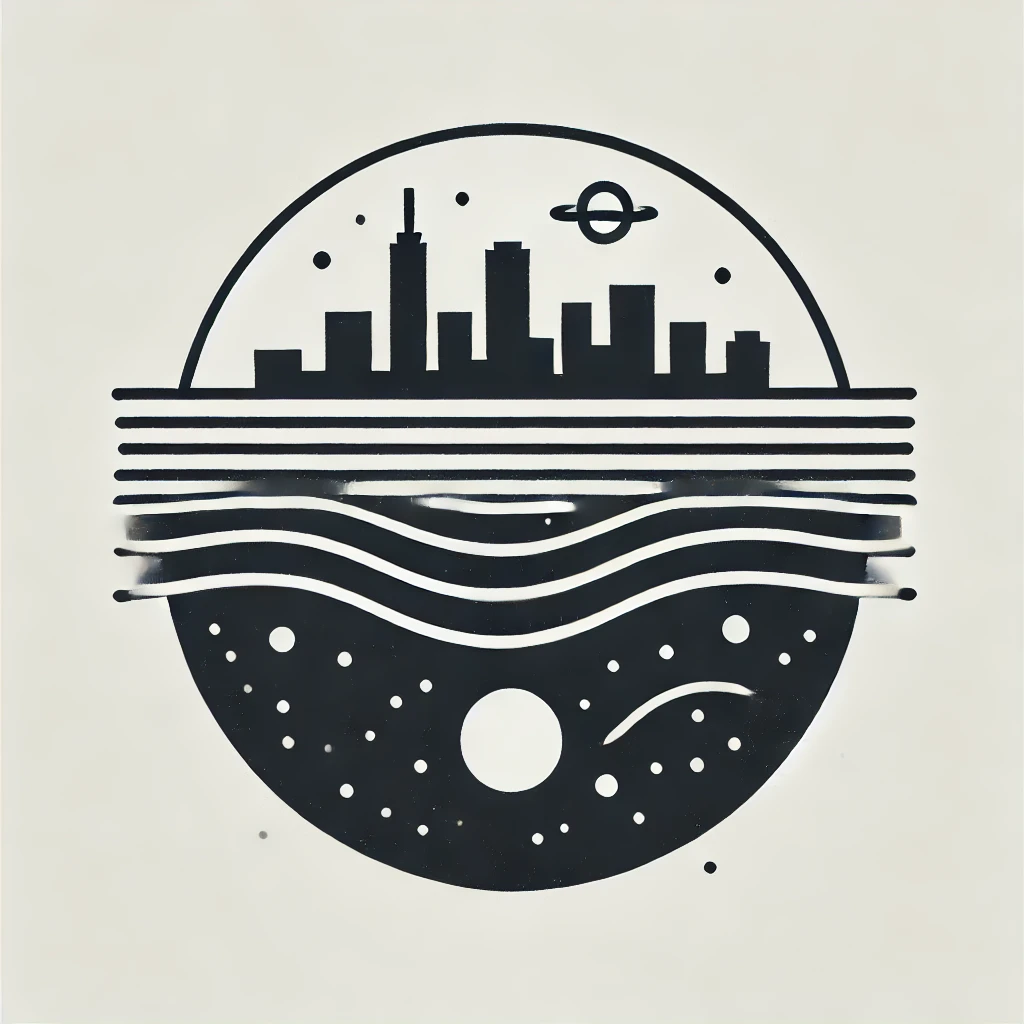 A stylized circular design with a city skyline above and its reflection below, separated by a wavy line, encapsulating both urban and cosmic themes.