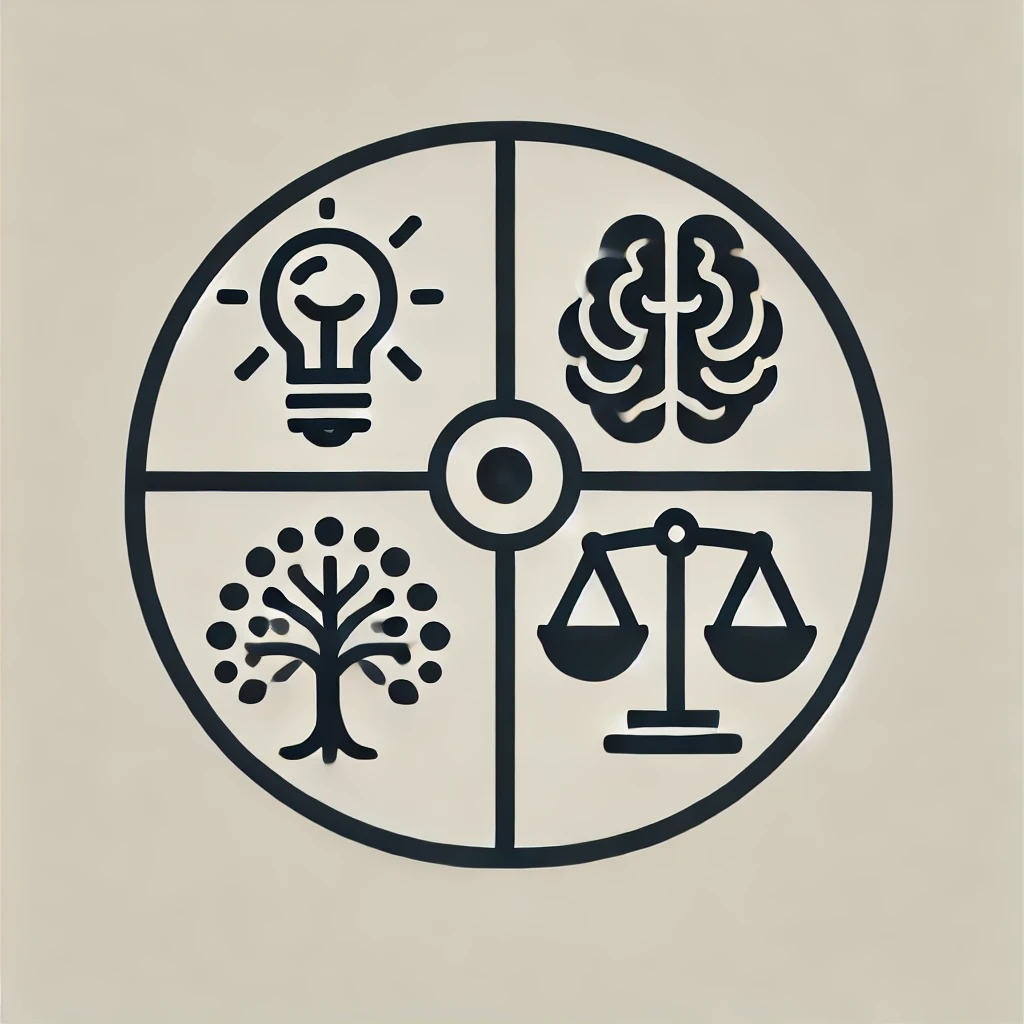 A circular icon split into four sections: a light bulb for ideas, a human brain for reason and intellect, a tree for organisms and life, and scales representing balance, symbolizing key elements of philosophical and scientific inquiry.