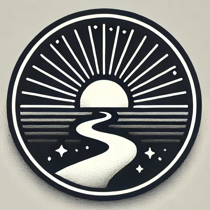 Icon for 'The Language of Truth' showing a stylized sun with rays setting in the distance, with a curvy road leading up to it symbolizing a road to illumination.